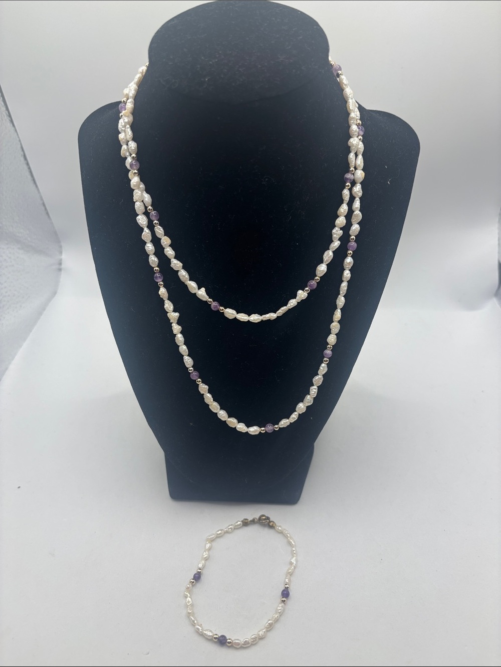 VTG Fresh Water Rice Pearl Amethyst Necklace 17” And Bracelet coastal classic